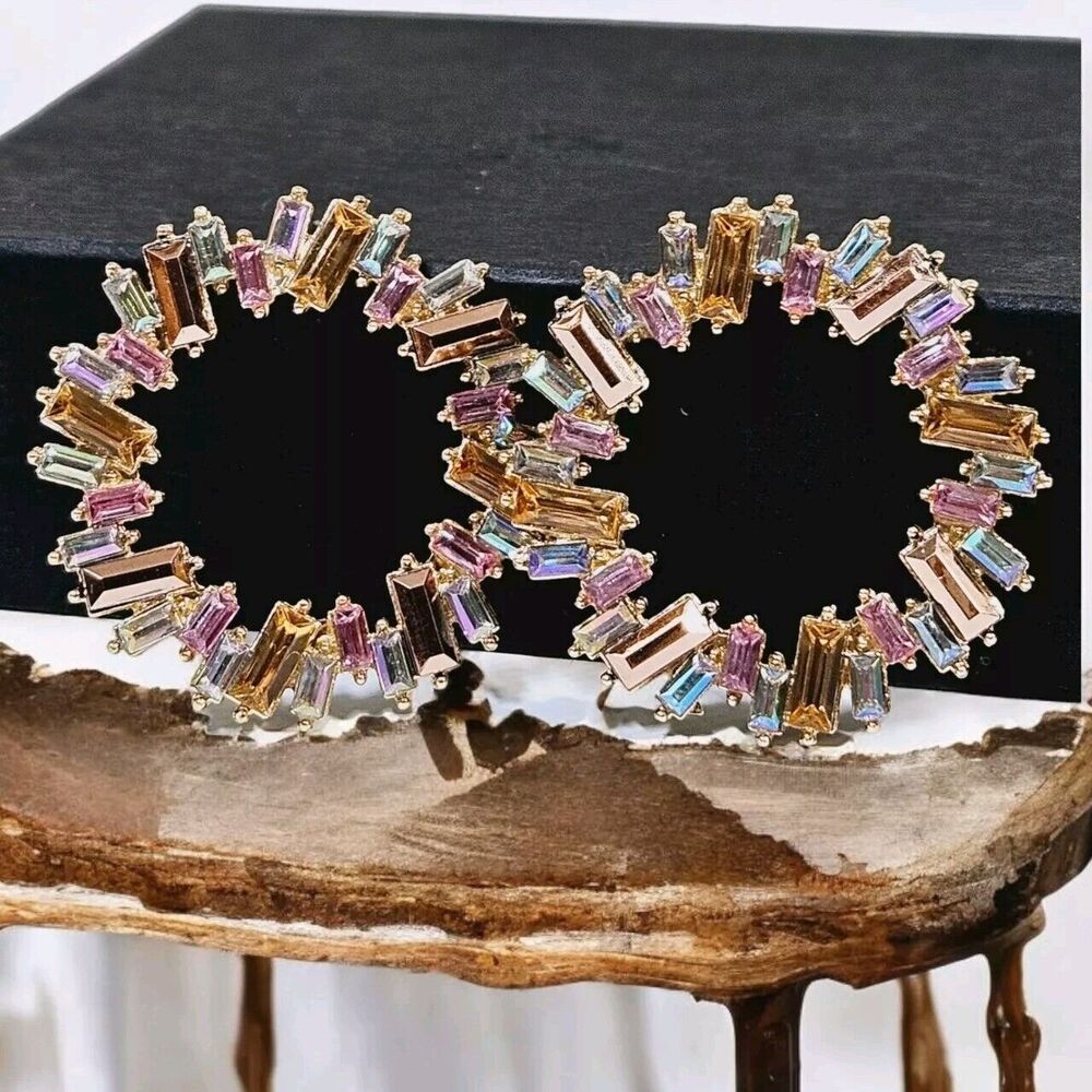 Color-block Rhinestone Stud Earrings Woman's Fashion Chic Spheres Baguette Cut